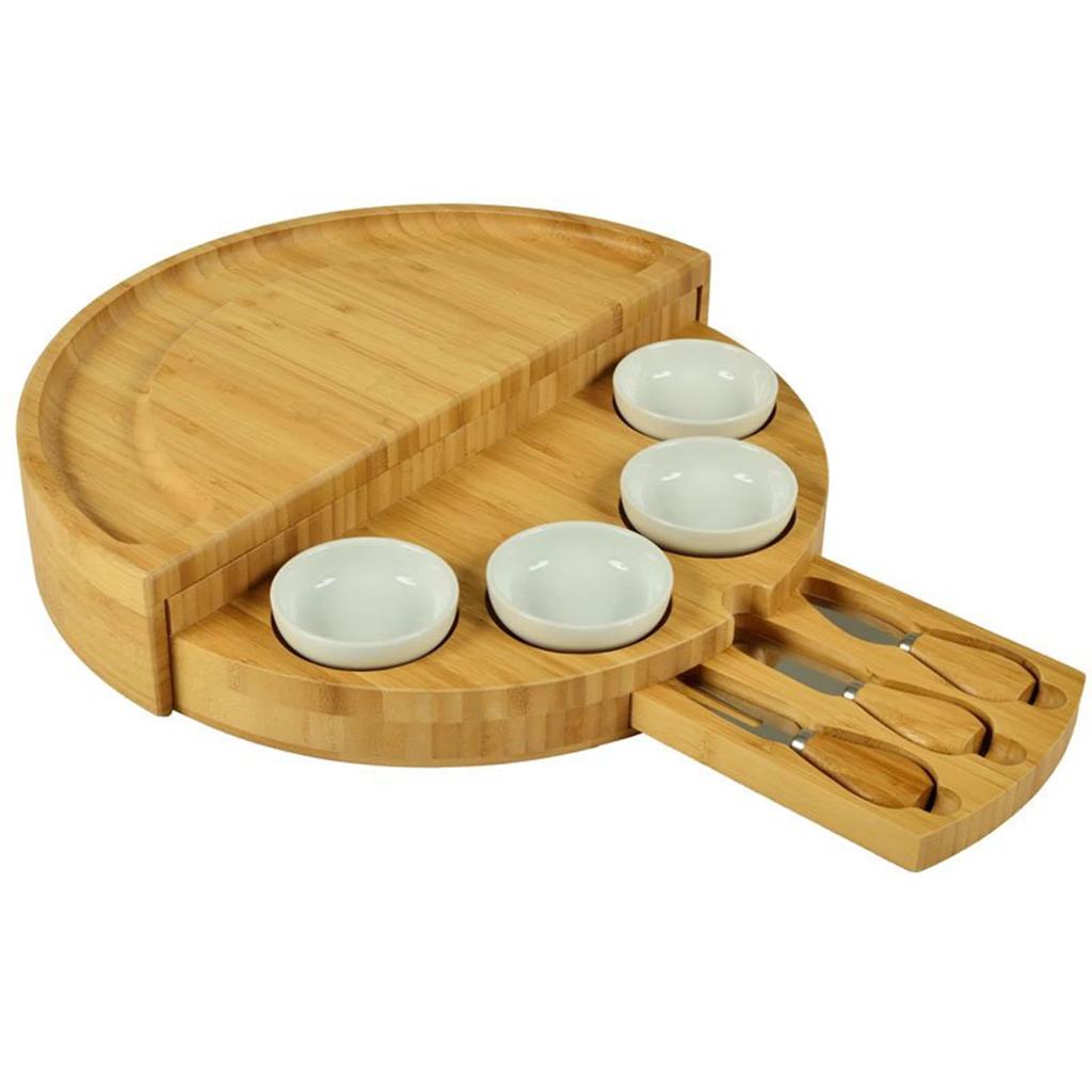 Bamboo Cheese Plate Wooden Breadboard Cutlery Cutter Set Cheese Charcuterie Board With Slide Out Drawer Cooking Tools