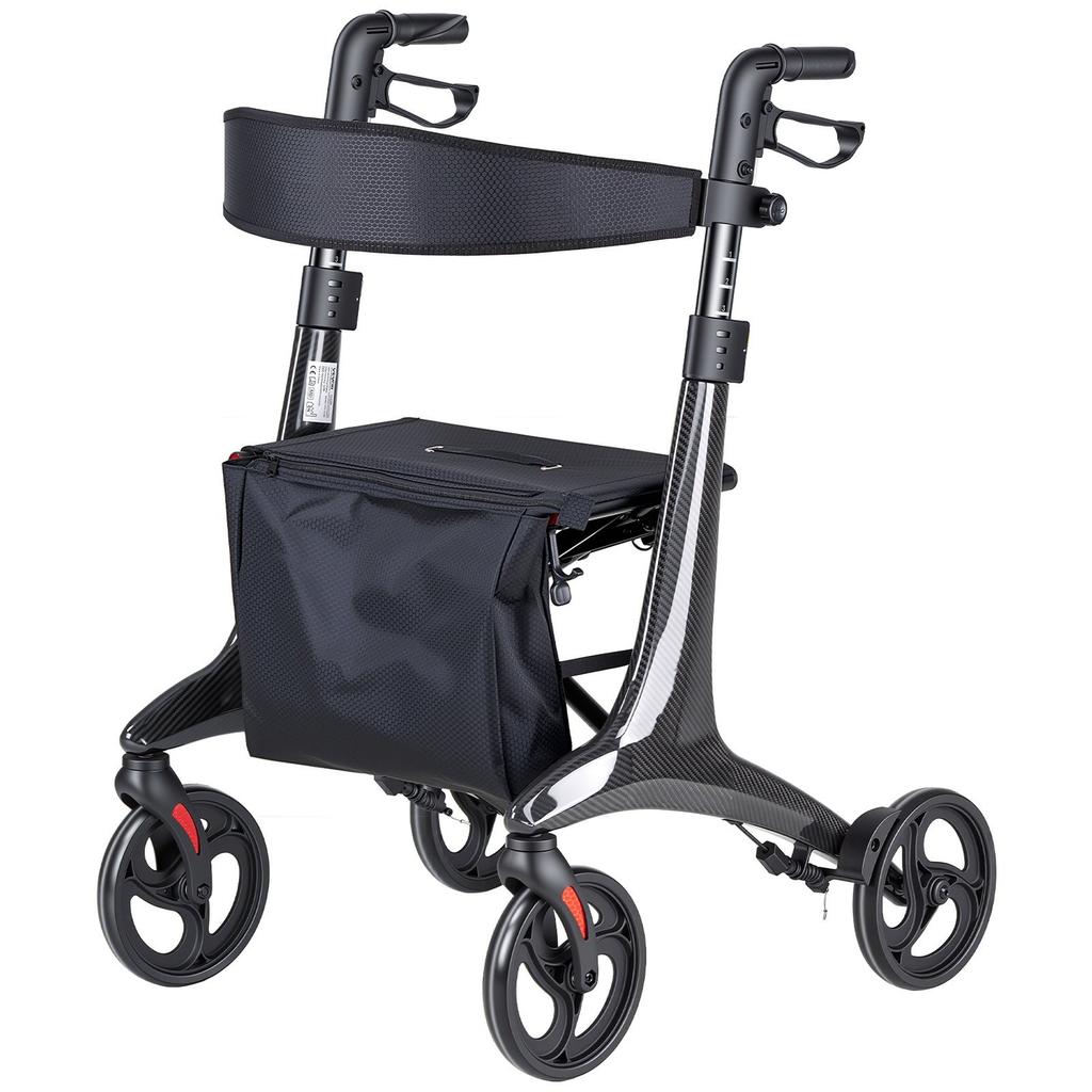 Rollator Walker with Seat for Seniors, Foldable Lightweight Rolling Walker, Carbon Fiber Mobility Walking Aid with 8" Solid PVC Wheels and Adjustable