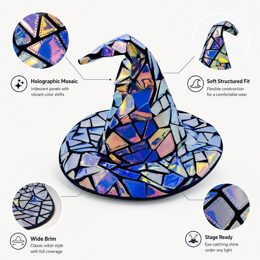 Iridescent Finish Halloween Hat Wide Brim Costume Headwear Pointed Wizard Hat Masquerade Events