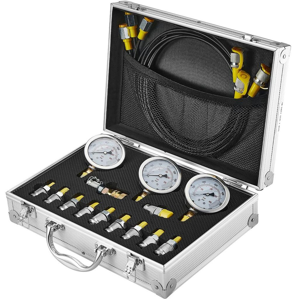 Hydraulic Pressure Test Kit, 250/400/600bar, 3 Gauges 11 Test Couplings 3 Test Hoses, Excavator Hydraulic Test Gauge Set with Portable Carrying Case