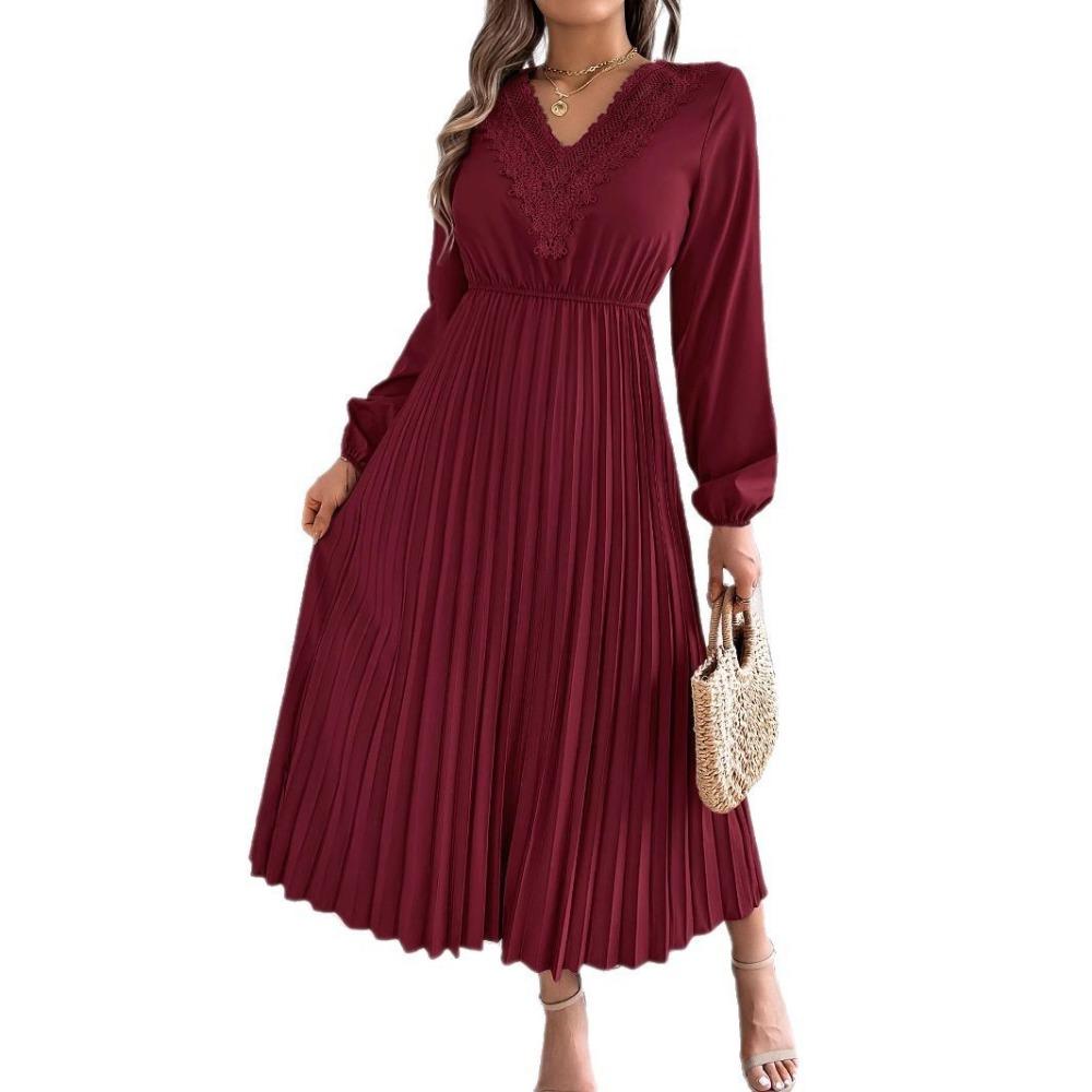 Spring and Summer Elegant Temperament V-neck Lace Waisted Pleated Long Women's Dresses Long Skirts