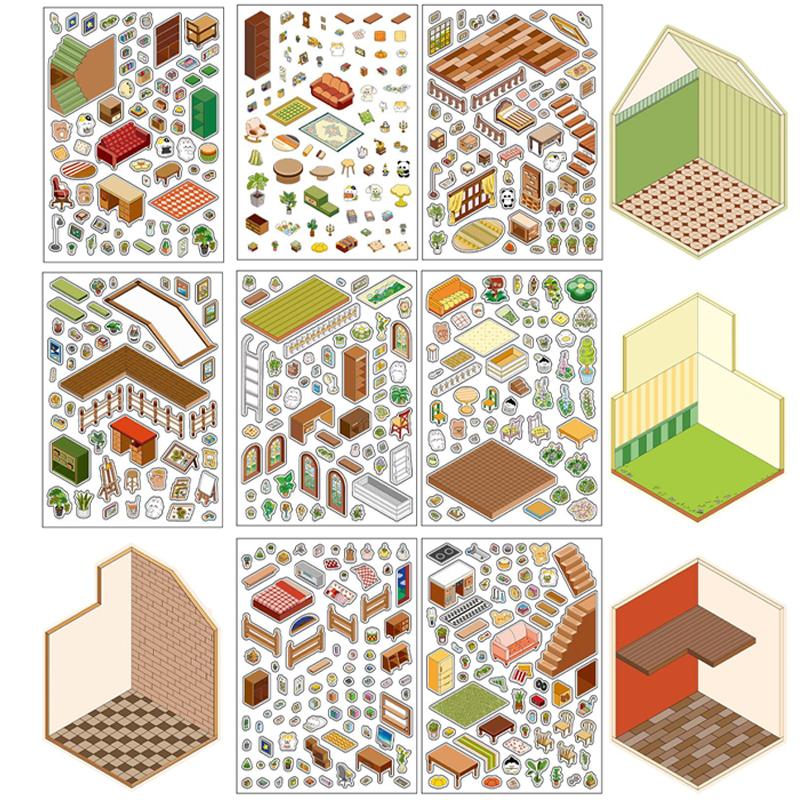 4 Style PET 2.5D Landscaping Sticker Cute Little House Kitchenette DIY Scene Decoration Sticker 21CM*12CM Paper Stationery