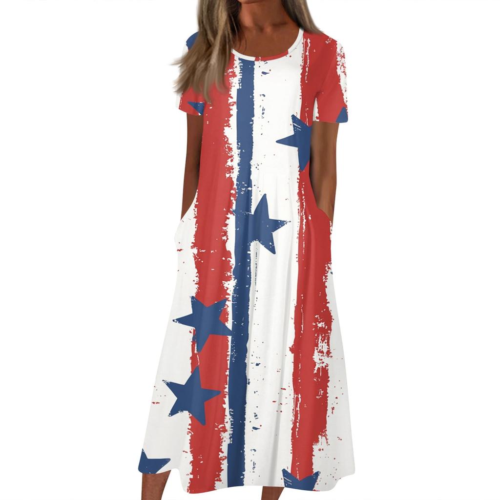 Женское летнее повседневное модное платье с коротким рукавом и карманом на День независимости с коротким рукавом