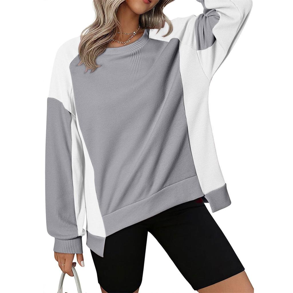 Женская мода с длинным рукавом и круглым вырезом, повседневная толстовка, пуловер, топ с цветными блоками