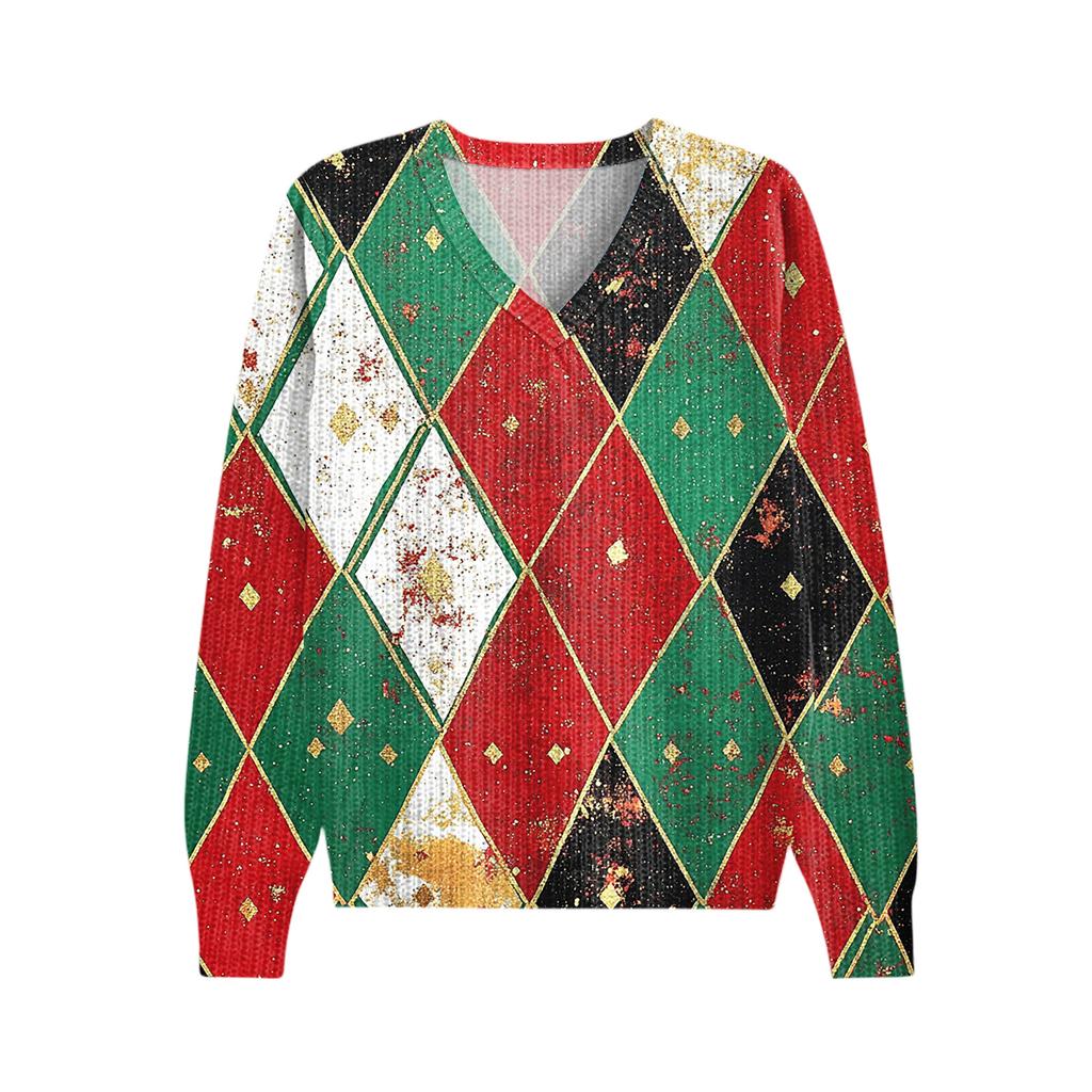 Женский милый свитер вязаный модный повседневный с V-образным вырезом с длинным рукавом уютный с принтом топ