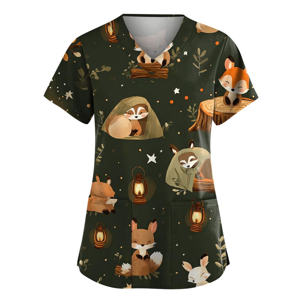 Women's Fashion Short Sleeve Cute Animal Printed V-Neck Pocket Workwear Tops