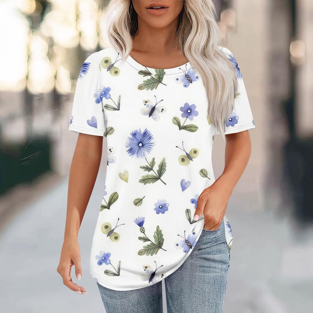 T Shirts For Women Pleated Round Neck Dressy Casual Blouses Printing Short Sleeve Summer Tops Loose Fit