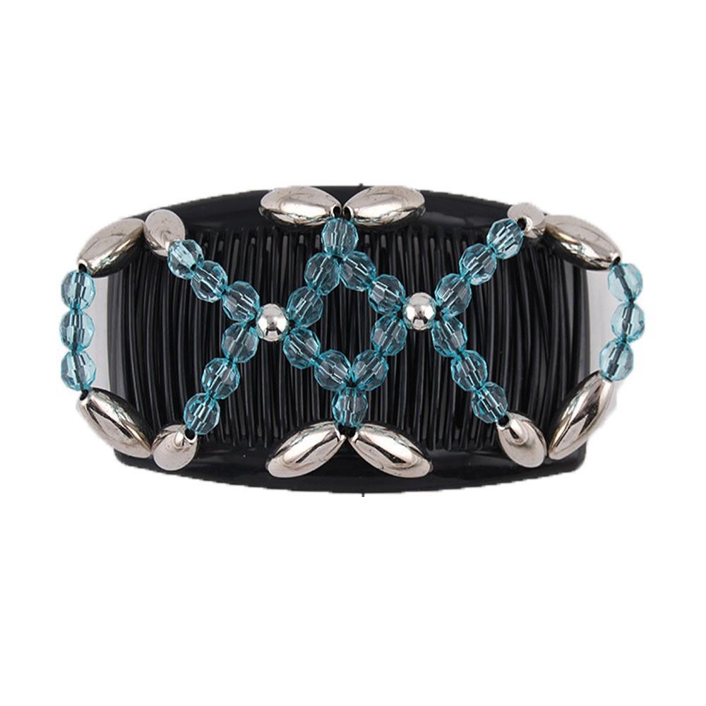 Большой ручной эластичный гребень для волос с бусинами и цветочным украшением - Универсальный двухрядный вкладыш для укладки и создания пучков