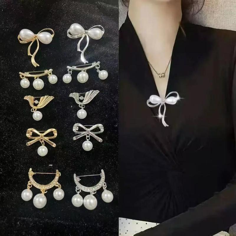 Anti-exposure Jewelry Fashion Brooch Temperament Korean Style Corsage High-end Alloy Pin Rhinestone Pearl Fixed Accessories