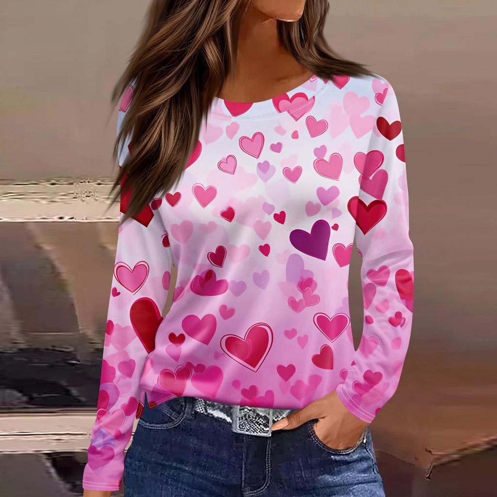 Женская модная повседневная футболка с разрезом и круглым вырезом, длинным рукавом, с принтом ко Дню святого Валентина, женская футболка
