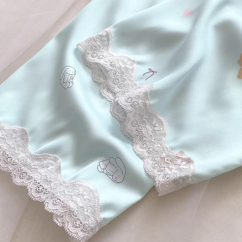 Милая женская пижама из 2 предметов с рисунком маленького медведя Kawaii, милая, простая, Y2k, кружевная пижама, новый осенний комплект с коротким рукавом и брюками