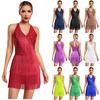 Womens Latin Dance Jumpsuit Halter Neck Sleeveless Sparkle Rhinestones Layered Fringe Strappy Back Bodysuit Tango Salsa Costume