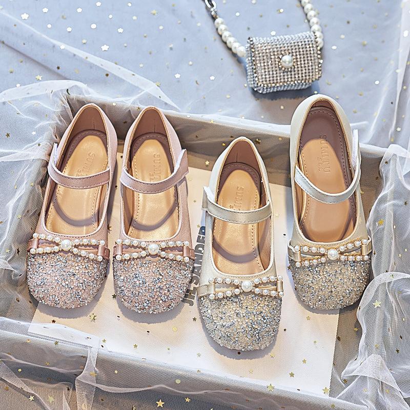 High-heeled girls' princess shoes for spring and autumn2026New style little girl's leather shoes with dress, soft-soled children's crystal shoes