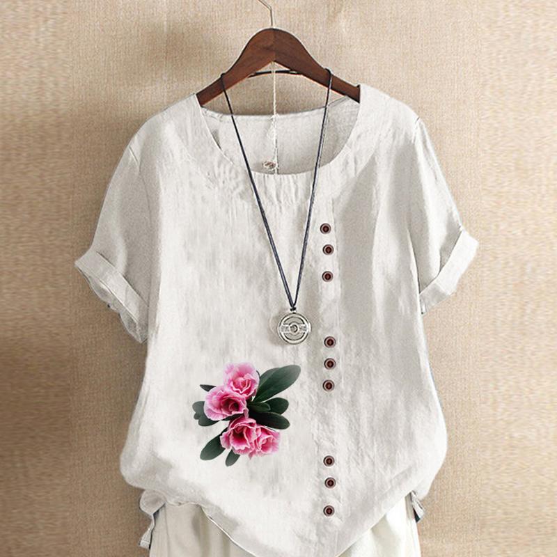 Women's Fashion Flowers Prined Round Neck Short Sleeve T-shirt Casual Cotton Linen Graphic Shirt Leisure Loose Summer Blouse Tops Plus Size