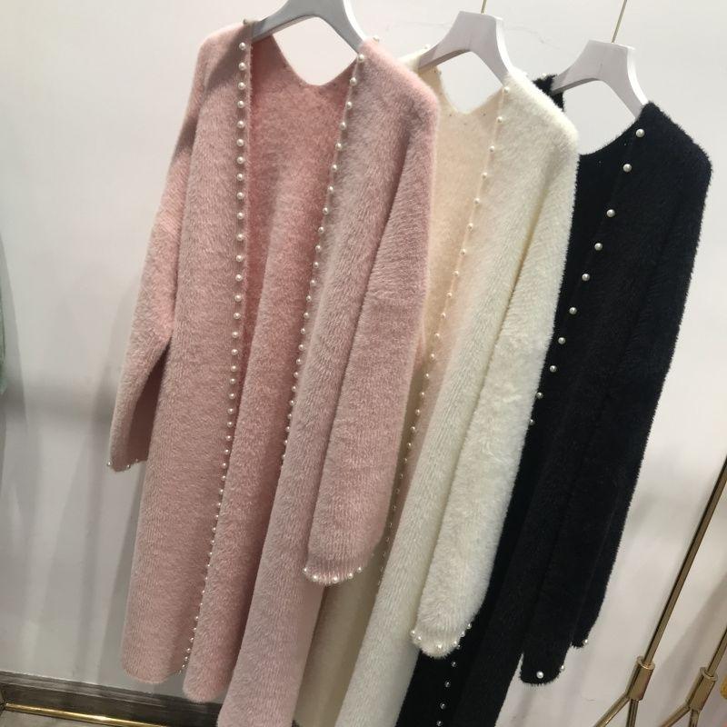 Women's Mink Fleece Cardigan Jacket Autumn and Winter Midi Beaded Knitted Cardigan Loose Casual Over-the-knee Knitted Sweater Coat
