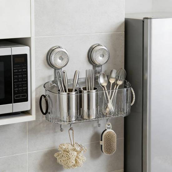 Полка для душа без сверления, съемная полка для хранения на присосках с крючками, настенный прозрачный ящик для хранения, органайзер для ванной для душевых принадлежностей