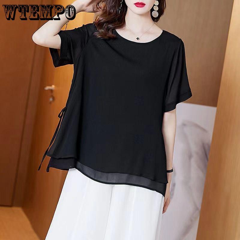 Женская шифоновая рубашка, летняя корейская версия, круглый вырез, большой размер, короткий рукав, свободная маленькая рубашка для женщин