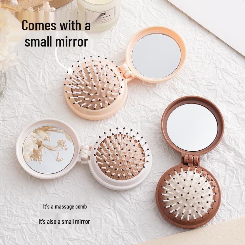 Portable Mini Massage Comb with Mirror - Foldable, Cute Air Cushion Design for Girls