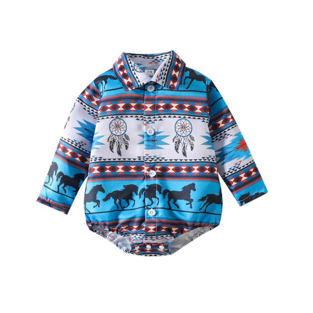 Baby Boys Spring Autumn Casual Romper 3M 6M 12M 18M 24M Long Sleeve Lapel Cattle/Horse Print Button Romper