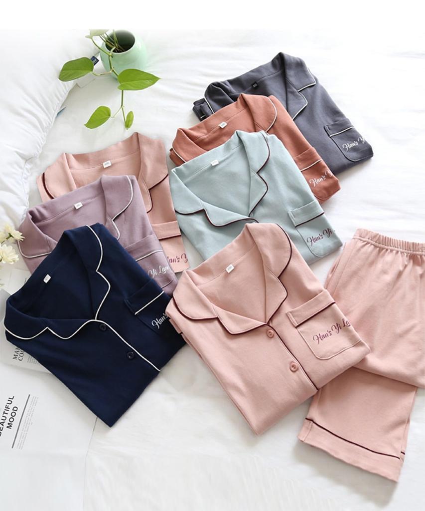Aimoha Cotton Loungewear Long Open Wide Top and Elastic Solid Korean Ulzzang Cotton Fabric Women's 100% Pajamas, Set, Sleeves, Front, Pants, Bottoms,