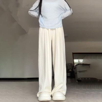 Белые повседневные женские брюки на весну/осень - С высокой талией, стройнящие, драпирующиеся, прямые, широкие брюки