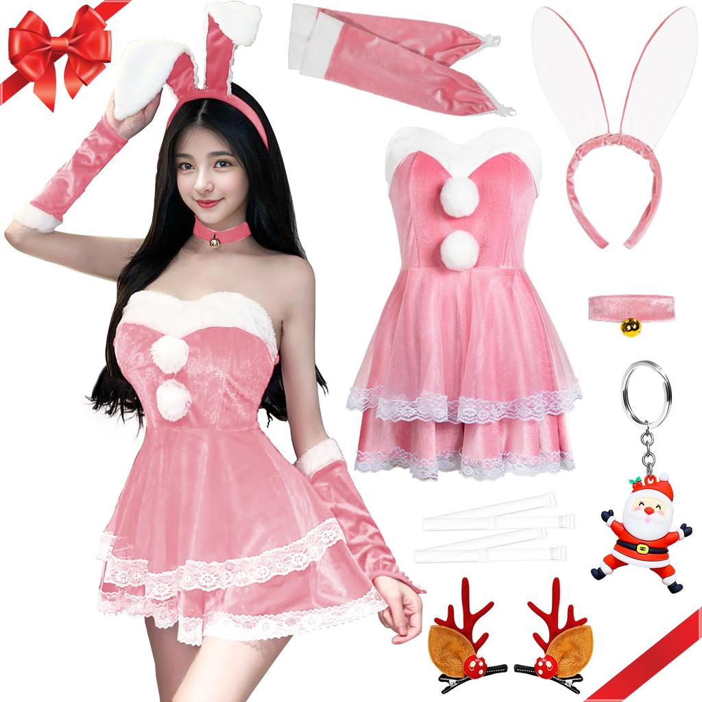 Santa Cosplay Bunny Santa Claus Christmas Cosplay Sexy Rabbit Ears Arm Cover Santa Claus Cute Miniskirt Santa [Goreson] Women's [Luxurious 7-piece
