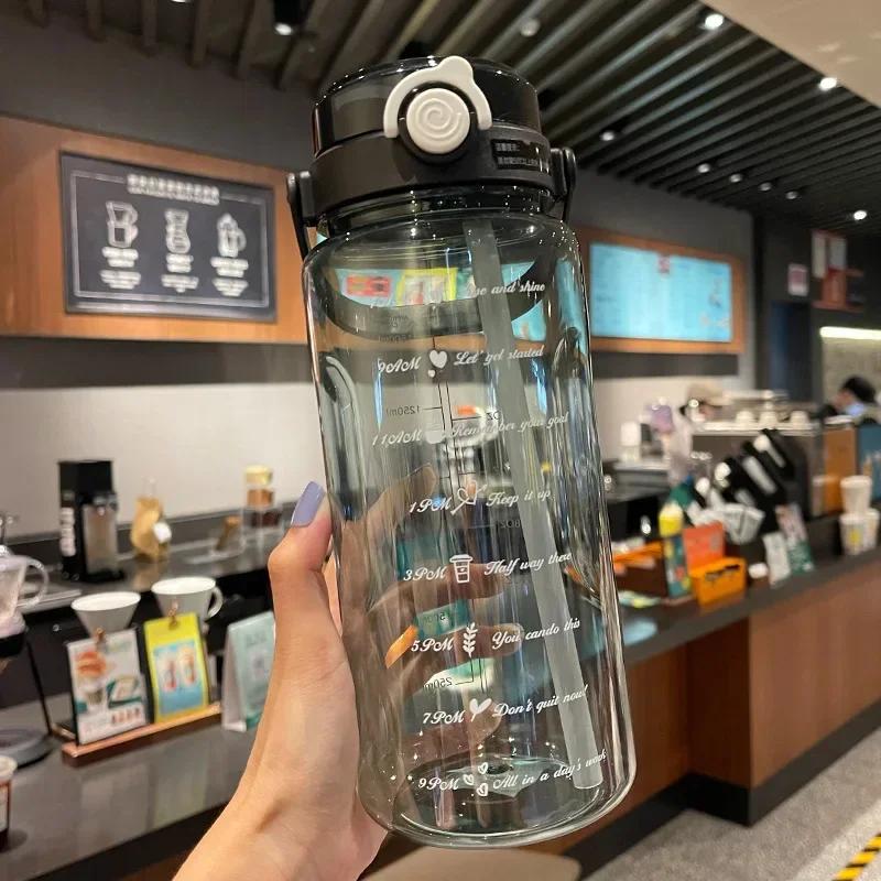 2L Sport Straw Water Bottle Time Scale Plastic Summer Cold Juice Water Cup Large Capacity Portable Travel Bottles Water Bottle