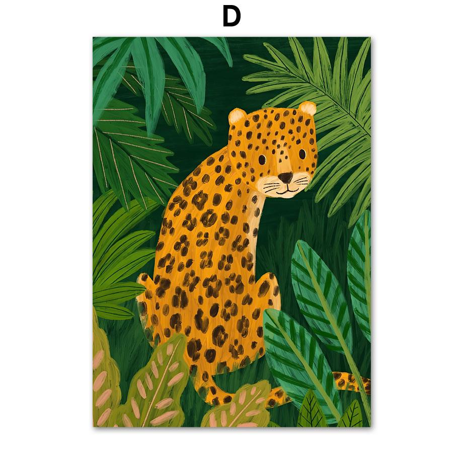 Тропические джунгли Лев Лиса Леопард Кролик Павлин Детская Настенная живопись Печать на холсте Картина на скандинавскую тему Плакат Декор Фотографии Детская комната