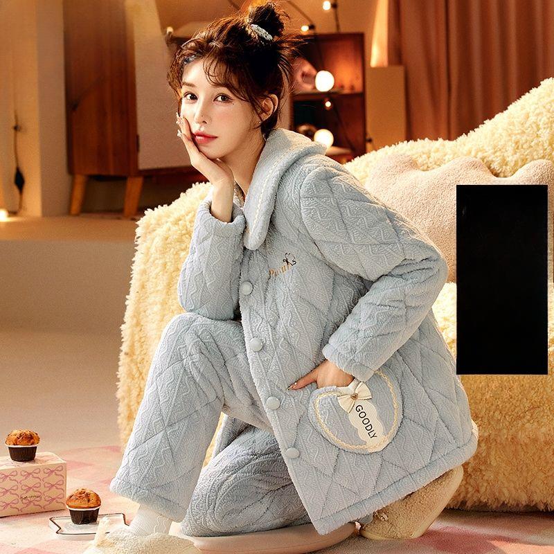 Коралловая бархатная пижама женская зимняя трикотажная стеганая куртка из толстой фланели корейский кашемировый женский комплект домашней одежды можно носить на улице
