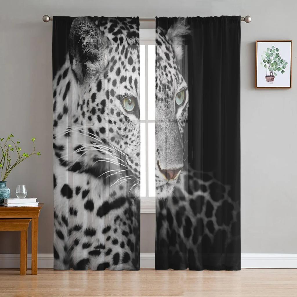 Leopard Animal Snowflake Winter Tulle Sheer Curtains for Living Room Decoration Window Curtain for Bedroom Voile Organza Drapes