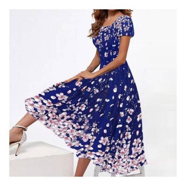 Элегантное длинное платье с цветочным принтом для женщин, летнее, для вечеринки, с U-образным вырезом и короткими рукавами, вечернее