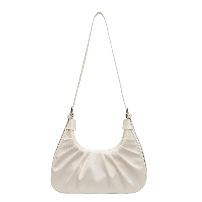 Women's PU Ruched Shoulder Bags with Zipper Large Capacity Simple Stitching Thread Pendulous Classic Style Tote Bag