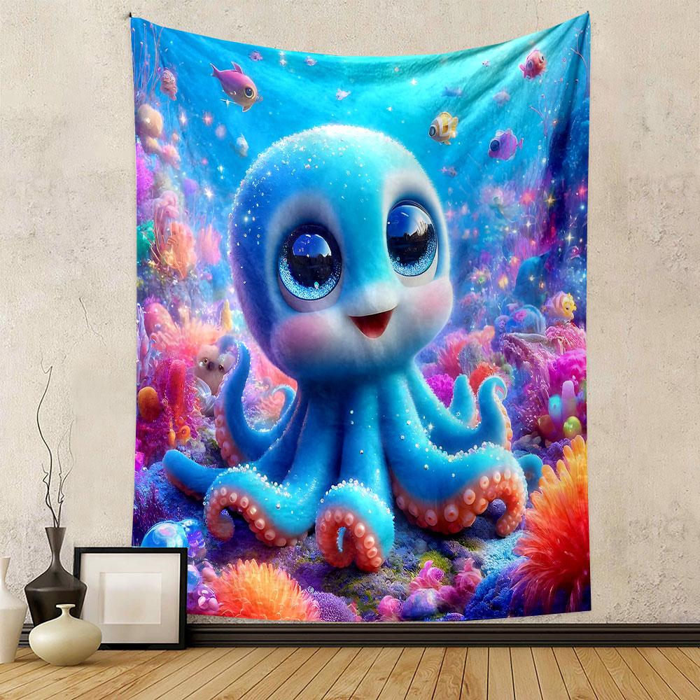"Adorable Octopus in Vibrant Coral Reef" Patterned Tapestry Decorative Wall Hanging, Home Bedroom Living Room Decor