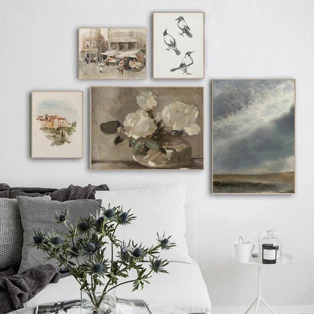 Vintage Gallery Wall Print Lake Cloud Landscape Flower Canvas Paintings Nordic Posters and Prints Living Room Home Decoration