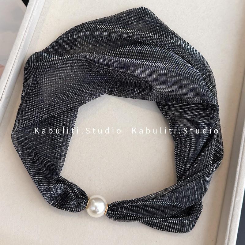 Magnetic Clasp Pearl Necklace Scarf Women Wine Red Triangle Silk Wrap Lightweight Neck Gaiter Shirt Styling