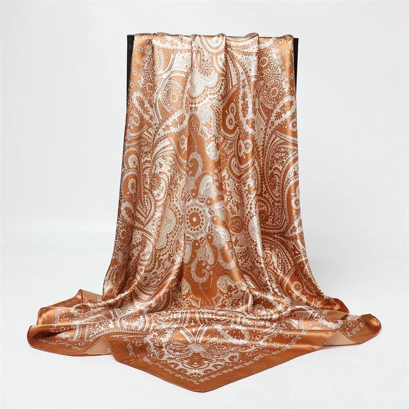 New Spring/Summer Orange Imitation Silk Neckerchief Outdoor Decoration Wraps for Women 90*90cm Cashew Print Square Scarf