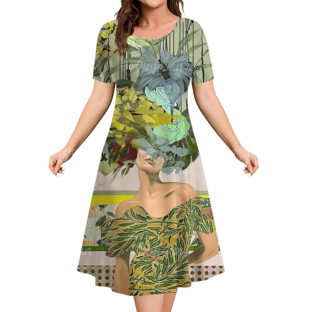 Летняя одежда с круглым вырезом и короткими рукавами, европейский/американский портрет, женские платья, повседневное длинное платье, пуловер