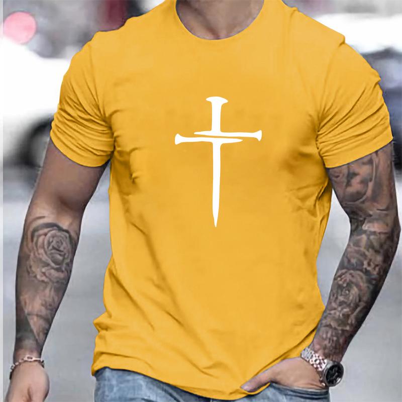 Cotton Short Sleeved Men's T-shirt with Cross Pattern Printed On It, Men's Summer Outdoor Clothing, Daily Style, Fashionable and