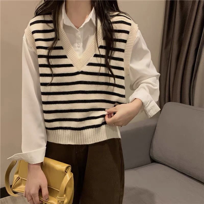 Pullover V-neck Striped Knitted Vest Women Spring and Autumn 2022 Casual Sleeveless Vest Sweater Female Top