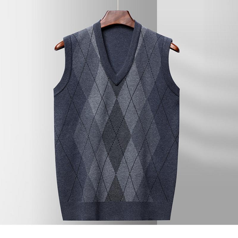 Vest Autumn and Winter New Men's V-neck Sleeveless Knitted Vest Sweater Diamond-shaped Middle-aged and Old-aged Leisure Sweater
