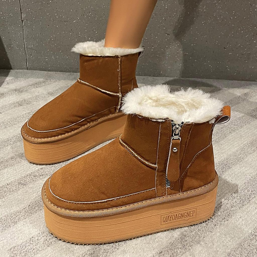 2024 Новые однотонные туфли на толстой подошве, хит продаж, женские сапоги с рукавами, зимние плюшевые теплые короткие зимние сапоги с круглым носком