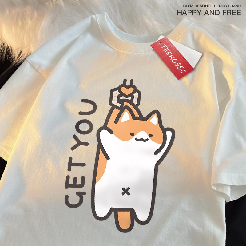 Catching Baby Fun Cat Print Japanese Style Clothes Men Fashion Oversize T-Shirt Casual O-neck Tops Summer Cotton Loose T Shirt