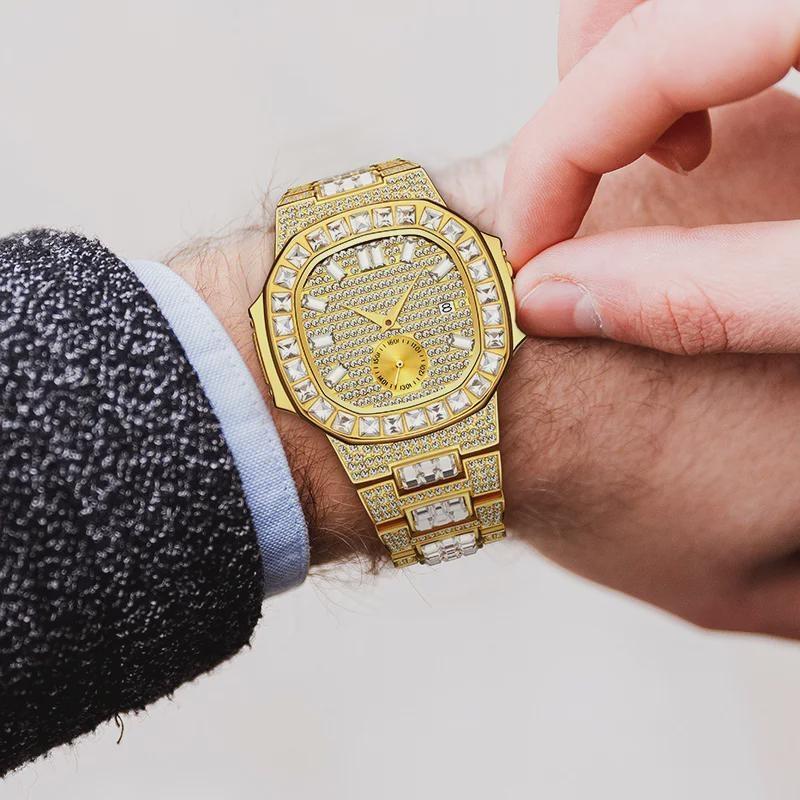 Hip Hop Iced Out Mens Watch Diamond Paved Analog Quartz Watch Waterproof Stainless Steel Luxury Wristwatch