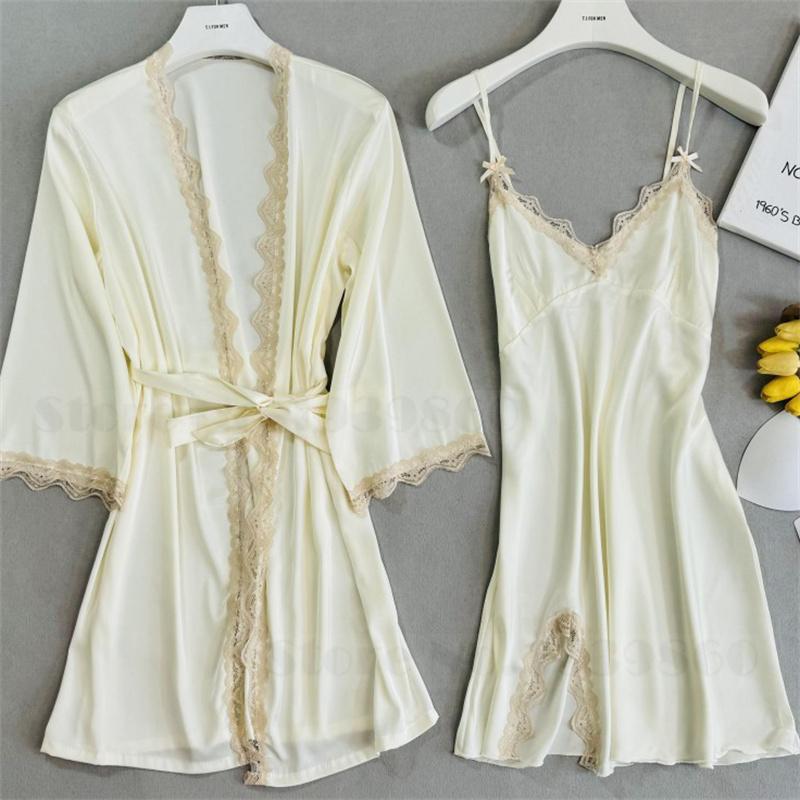 Sexy Lace Bathrobe Gown Nightdress Lingerie Summer New Female Nighty&Robe Set Nightgown Silky Satin Home Clothes Loungewear