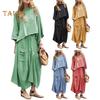 2 Pcs/Set Women Top Skirt Suit Round Neck Three Quarter Sleeve Slant Hem Vintage Top Drawstring Elastic Waist Loose Irregular Maxi Skirt Spring Daily