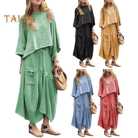 2 Pcs/Set Women Top Skirt Suit Round Neck Three Quarter Sleeve Slant Hem Vintage Top Drawstring Elastic Waist Loose Irregular Maxi Skirt Spring Daily