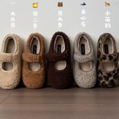 2025 зима липучка французский вельвет теплые хлебные туфли женские однопедальные пушистые одинарные туфли женские хлопковые туфли Boken