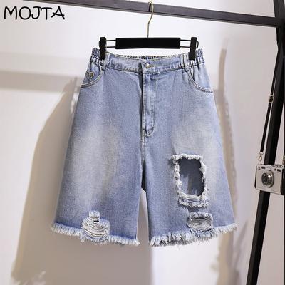 Летние джинсовые шорты больших размеров для женщин, большие свободные повседневные синие прямые шорты с эластичной резинкой на талии, широкие брюки в стиле ретро