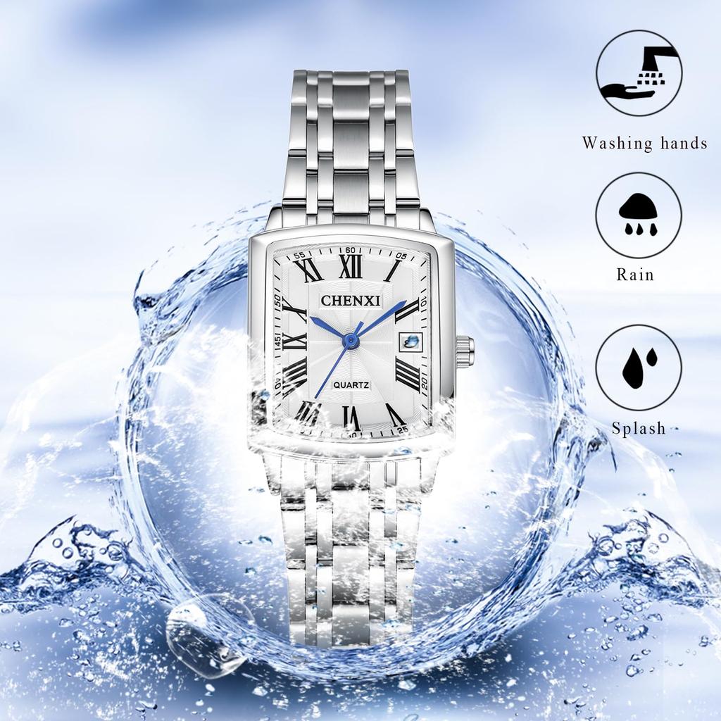 Stainless Steel Calendar Analog 3ATM Waterproof Antique Roman Stylish Pair Watch Square Quartz Watch Silver Fashion Accessories Birthday Anniversary