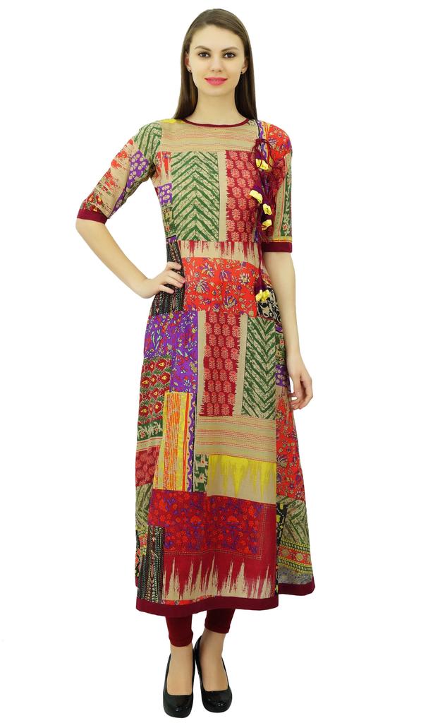 Phagun Длинное платье-трапеция из хлопка с принтом, расклешенная туника-курта